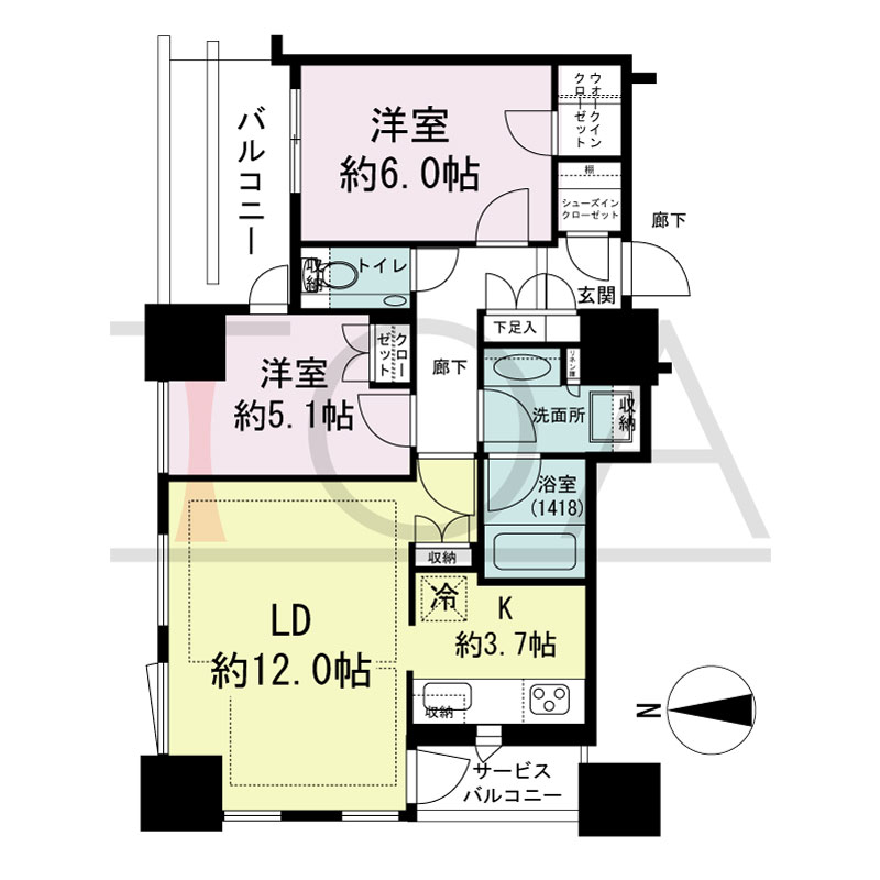 クラッシィタワー淀屋橋の間取り図 北西向き角 2LDK 専有面積61.80m2
バルコニー面積7.07m2
サービスバルコニー面積2.93m2