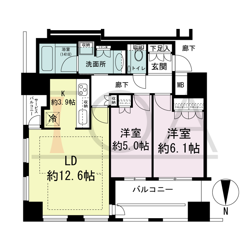 クラッシィタワー淀屋橋の間取り図 北東向き角 2LDK 専有面積62.80m2
サービスバルコニー面積1.67m2
バルコニー面積1.67m2