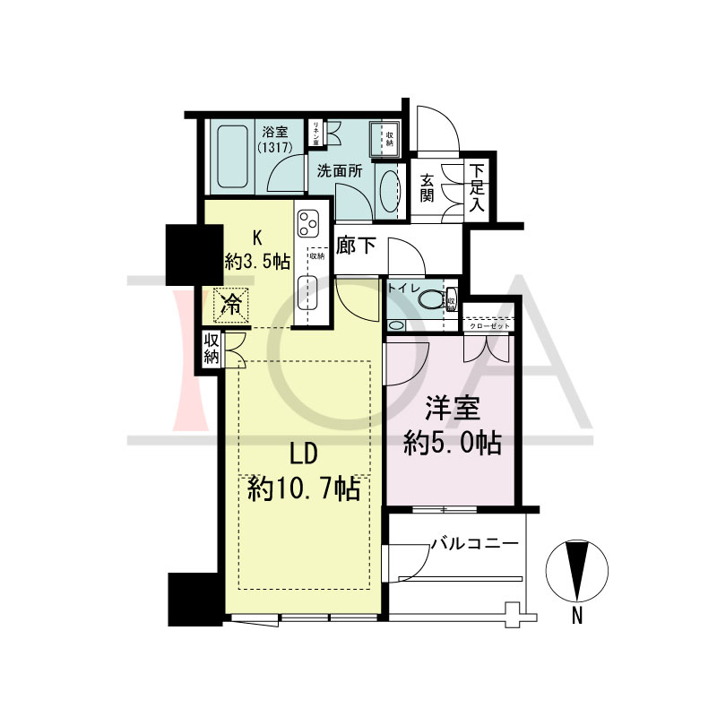 クラッシィタワー淀屋橋の間取り図 北向き 1LDK 専有面積44.92m2
バルコニー面積4.99m2