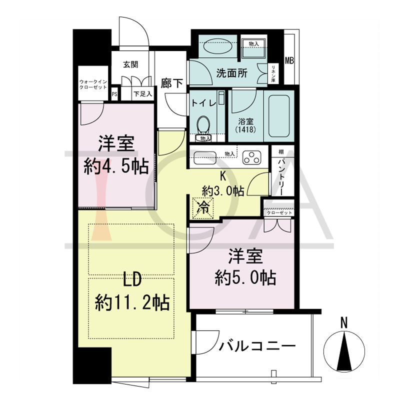 クラッシィタワー淀屋橋の間取り図 南向き 2LDK 専有面積55.26m2
バルコニー面積6.75m2