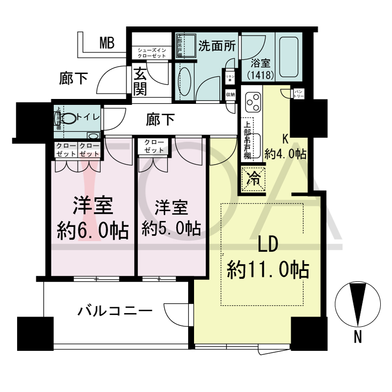 クラッシィタワー淀屋橋の間取り図 北向き 2LDK 専有面積60.48m2
バルコニー面積8.70m2