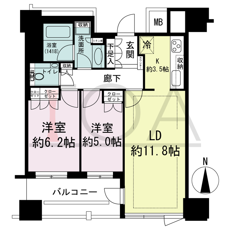 クラッシィタワー淀屋橋の間取り図 南向き 2LDK 専有面積61.96m2
バルコニー面積9.19m2