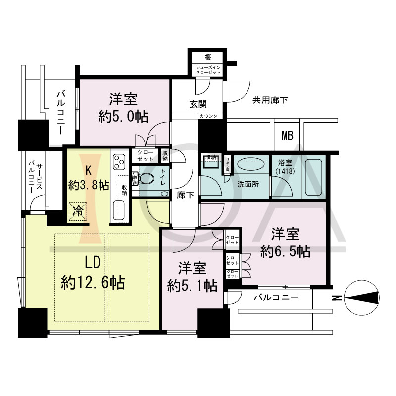 クラッシィタワー淀屋橋の間取り図 北西向き角 3LDK 専有面積73.66m2
バルコニー面積9.59m2
サービスバルコニー面積3.13m2