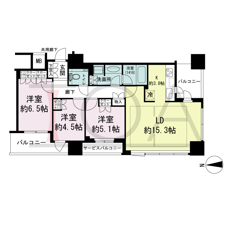 クラッシィタワー淀屋橋の間取り図 南向き角 3LDK 専有面積77.96m2
バルコニー面積11.74m2
サービスバルコニー面積3.27m2