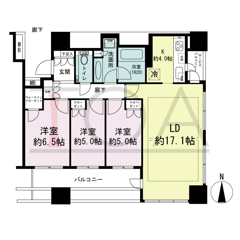 クラッシィタワー淀屋橋の間取り図 南東向き角 3LDK 専有面積81.27m2
バルコニー面積12.91m2
サービスバルコニー面積2.92m2