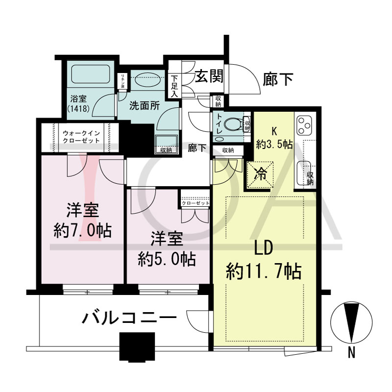 クラッシィタワー淀屋橋の間取り図 北向き 2LDK 専有面積63.96m2
バルコニー面積9.44m2