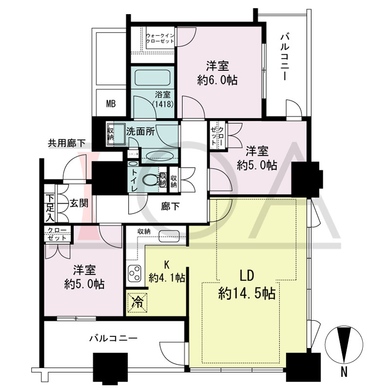 クラッシィタワー淀屋橋の間取り図 北西向き角 3LDK 専有面積78.19m2
バルコニー面積13.41m2