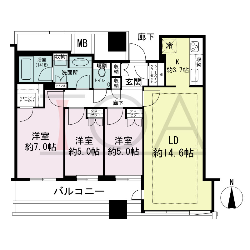 クラッシィタワー淀屋橋の間取り図 南向き 3LDK 専有面積78.84m2
バルコニー面積11.96m2