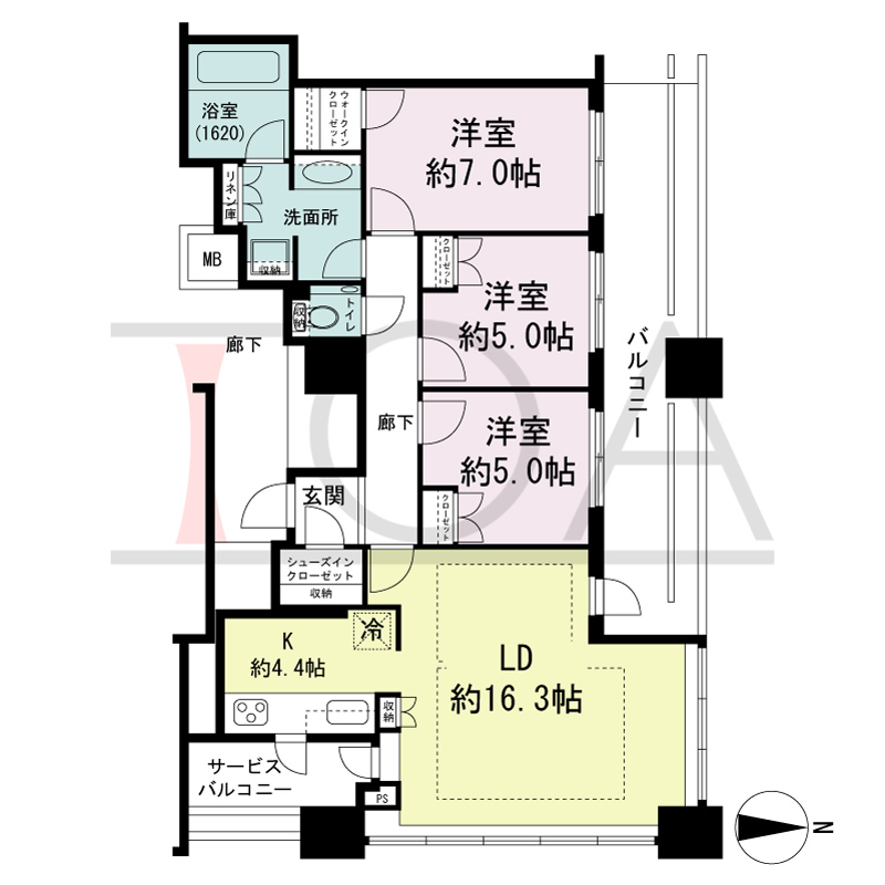 クラッシィタワー淀屋橋の間取り図 北東向き角 3LDK 専有面積84.34m2
バルコニー面積17.70m2
サービスバルコニー面積5.84m2