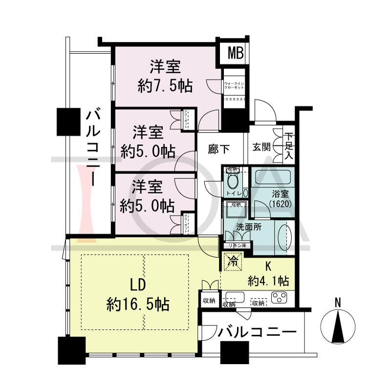 クラッシィタワー淀屋橋の間取り図 南西向き角 3LDK 専有面積85.98m2
バルコニー面積20.55m2