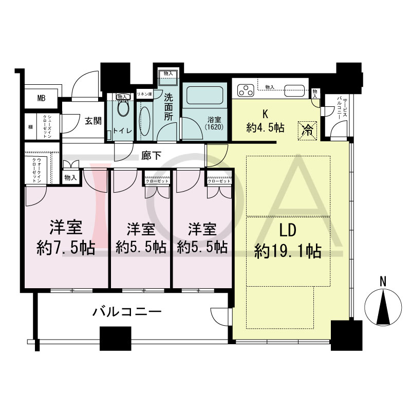 クラッシィタワー淀屋橋の間取り図 南東向き角 3LDK 専有面積91.96m2
バルコニー面積12.46m2
サービスバルコニー面積1.76m2