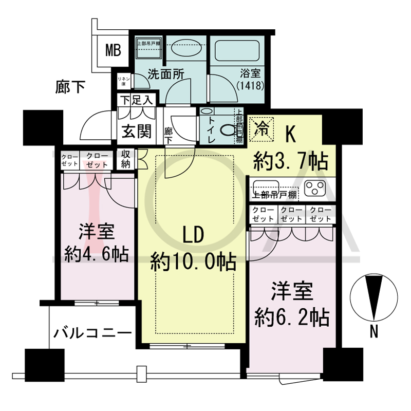 クラッシィタワー淀屋橋の間取り図 北向き 2LDK 専有面積54.67m2
バルコニー面積7.26m2