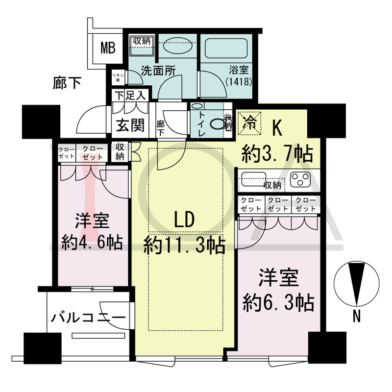 クラッシィタワー淀屋橋の間取り図 北向き 2LDK 専有面積57.10m2
バルコニー面積4.83m2