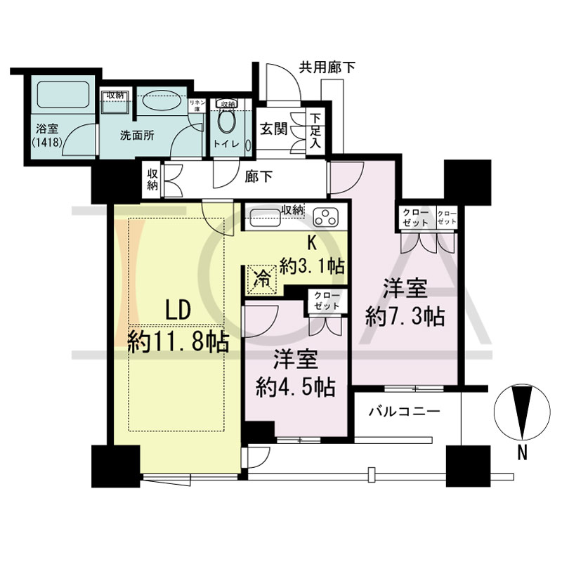 クラッシィタワー淀屋橋の間取り図 北向き 2LDK 専有面積60.93m2
バルコニー面積7.10m2