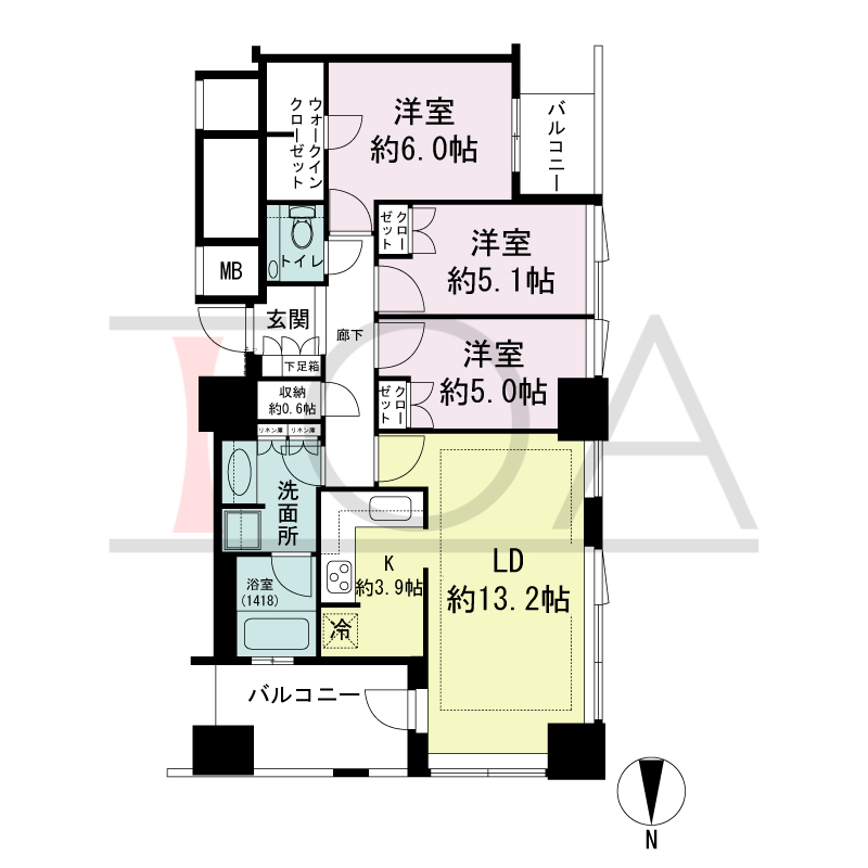 クラッシィタワー淀屋橋の間取り図 北西向き角 3LDK 専有面積76.09m2
バルコニー面積10.36m2