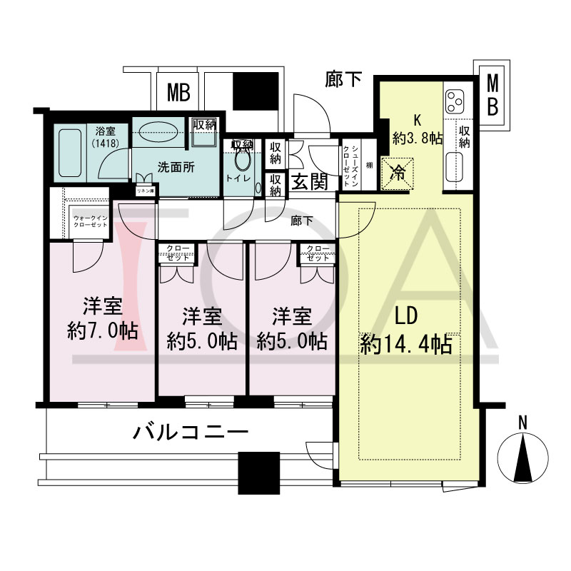 クラッシィタワー淀屋橋の間取り図 南向き 3LDK 専有面積77.98m2
バルコニー面積13.99m2