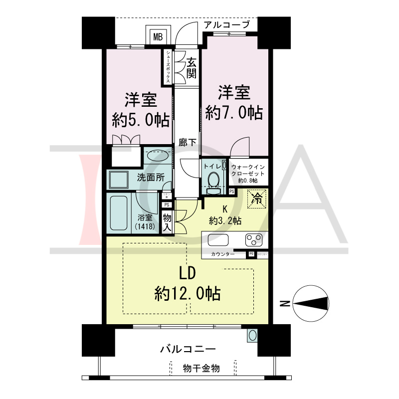 ザ・パークハウス谷町五丁目の間取り図 西向き　2LDK　専有面積61.50m2
バルコニー面積12.06m2
アルコーブ面積3.98m2
