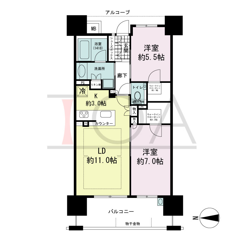 ザ・パークハウス谷町五丁目の間取り図 西向き　2LDK　専有面積61.56m2
バルコニー面積11.40m2
アルコーブ面積36.4m2