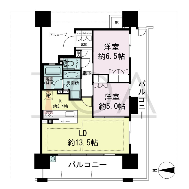 ザ・パークハウス谷町五丁目の間取り図 南西向き角　2LDK 専有面積62.23m2
バルコニー面積29.08m2
アルコーブ面積12.86m2