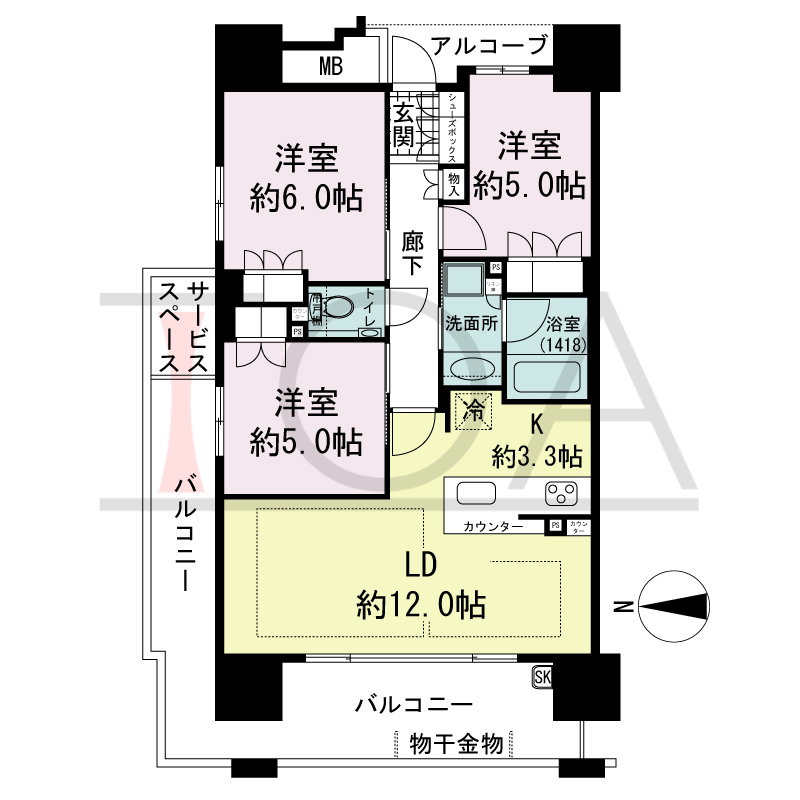 ザ・パークハウス谷町五丁目の間取り図 北西向き角　3LDK　専有面積67.56m2
バルコニー面積20.49m2
サービススペース面積2.40m2
アルコーブ面積2.73m2