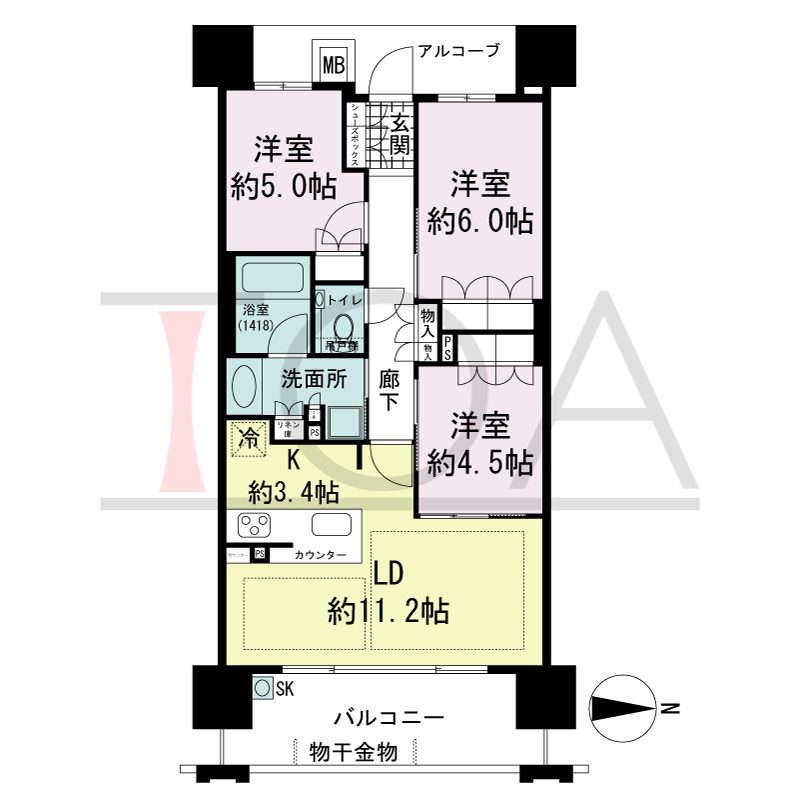 ザ・パークハウス谷町五丁目の間取り図 東向き　3LDK　専有面積68.51m2
バルコニー面積11.78m2
アルコーブ面積5.58m2