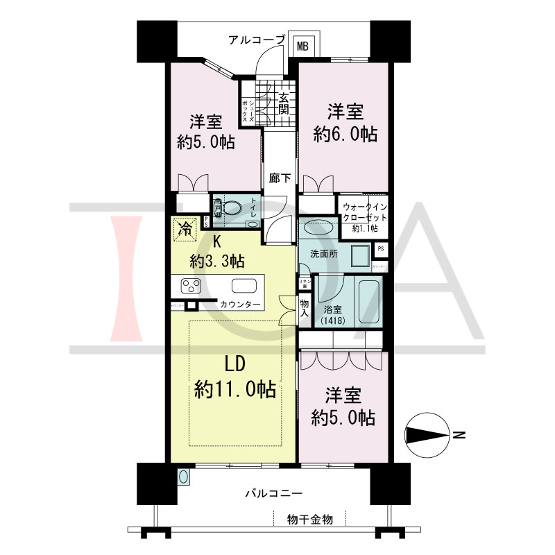 ザ・パークハウス谷町五丁目の間取り図 東向き　3LDK　専有面積68.51m2
バルコニー面積12.39m2
アルコーブ面積6.05m2