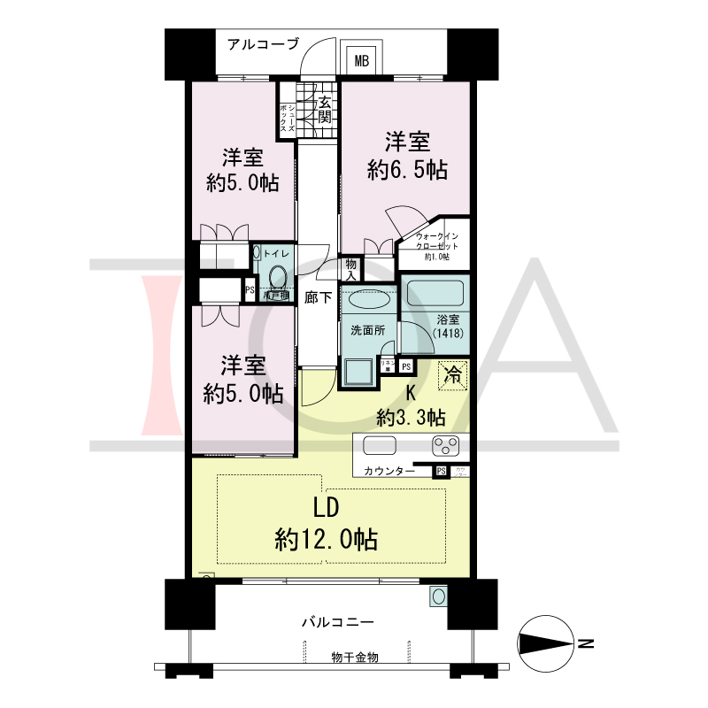 ザ・パークハウス谷町五丁目の間取り図 東向き　3LDK+WIC　専有面積70.56m2
バルコニー面積11.97m2
アルコーブ面積4.91m2