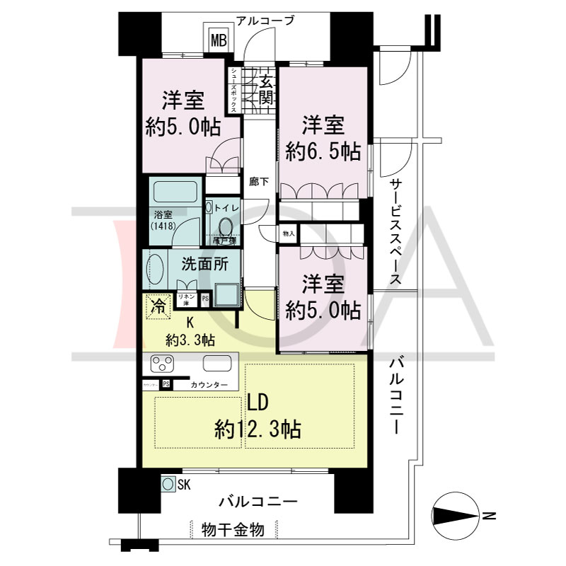 ザ・パークハウス谷町五丁目の間取り図 北東向き角　3LDK　専有面積72.02m2
バルコニー面積20.42m2
サービススペース面積5.20m2
アルコーブ面積5.21m2