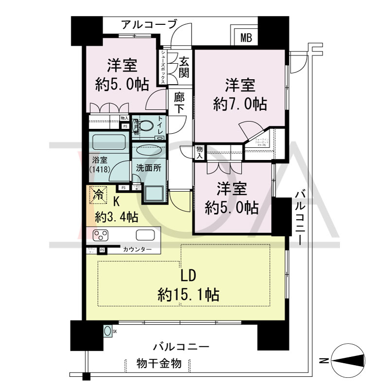 ザ・パークハウス谷町五丁目の間取り図 南西向き角　3LDK+WIC　専有面積75.15m2
バルコニー面積25.43m2
アルコーブ面積4.36m2