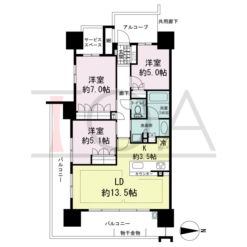 ザ・パークハウス谷町五丁目の間取り図 南東向き角　3LDK　専有面積75.15m2
バルコニー面積26.40m2
サービススペース面積3.13m2
アルコーブ面積6.41m2