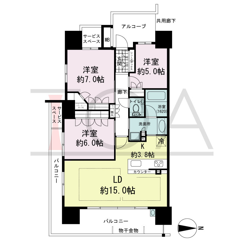 ザ・パークハウス谷町五丁目の間取り図 南東向き角　3LDK+WIC　専有面積82.04m2
バルコニー面積20.87m2
サービススペース面積4.04m2
アルコーブ面積6.52m2