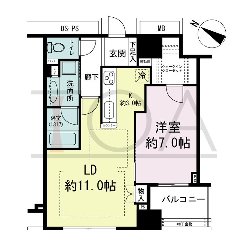 パークタワー大阪中之島フロントの間取り図 南西向き 1LDK+WIC 専有面積52.30m2
バルコニー面積4.94m2