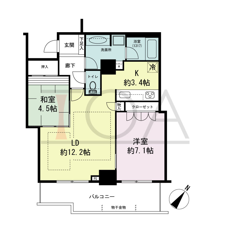 パークタワー大阪中之島フロントの間取り図 南西向き 2LDK 専有面積61.77m2
バルコニー面積11.43m2