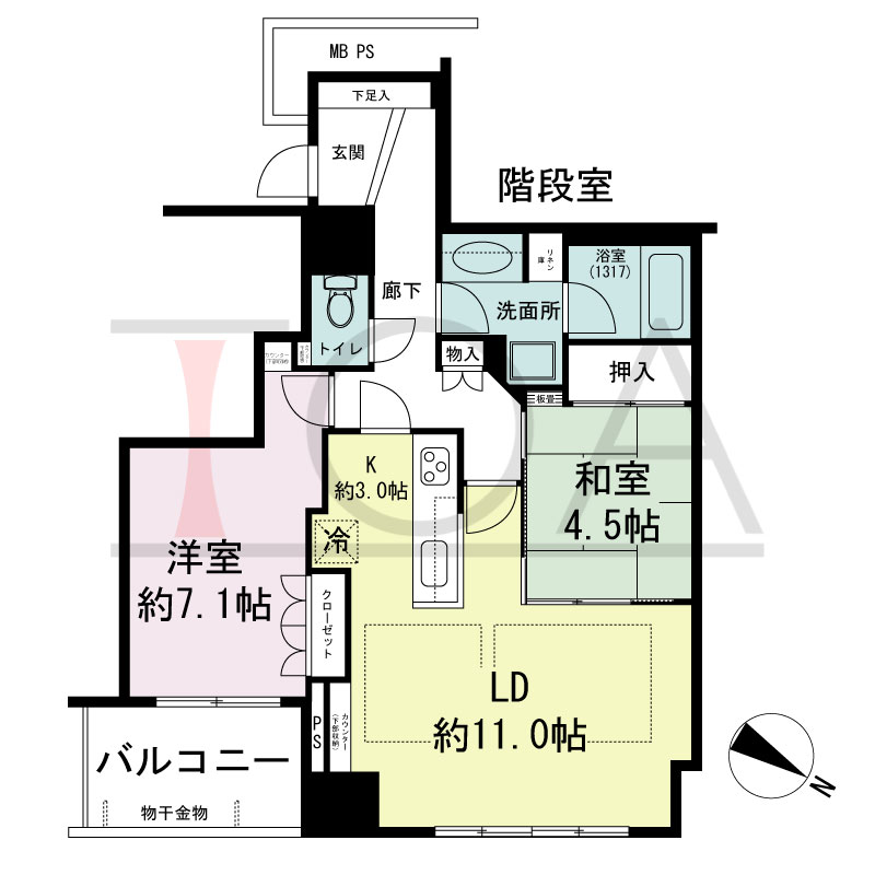 パークタワー大阪中之島フロントの間取り図 北東向き 2LDK 専有面積64.14m2
バルコニー面積6.27m2