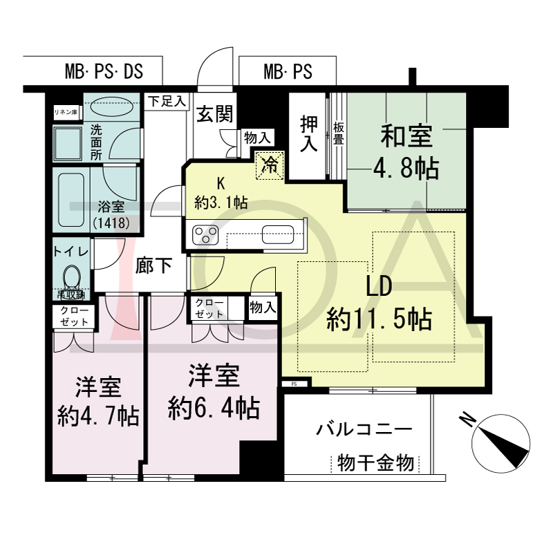 パークタワー大阪中之島フロントの間取り図 南西向き 3LDK 専有面積70.41m2
バルコニー面積6.27m2