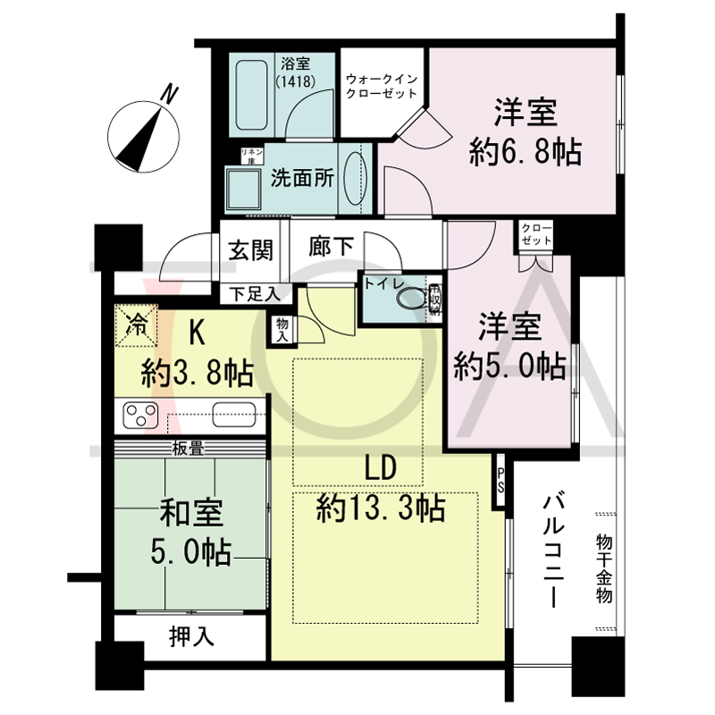 パークタワー大阪中之島フロントの間取り図 南東向き 3LDK+WIC 専有面積74.90m2
バルコニー面積9.15m2