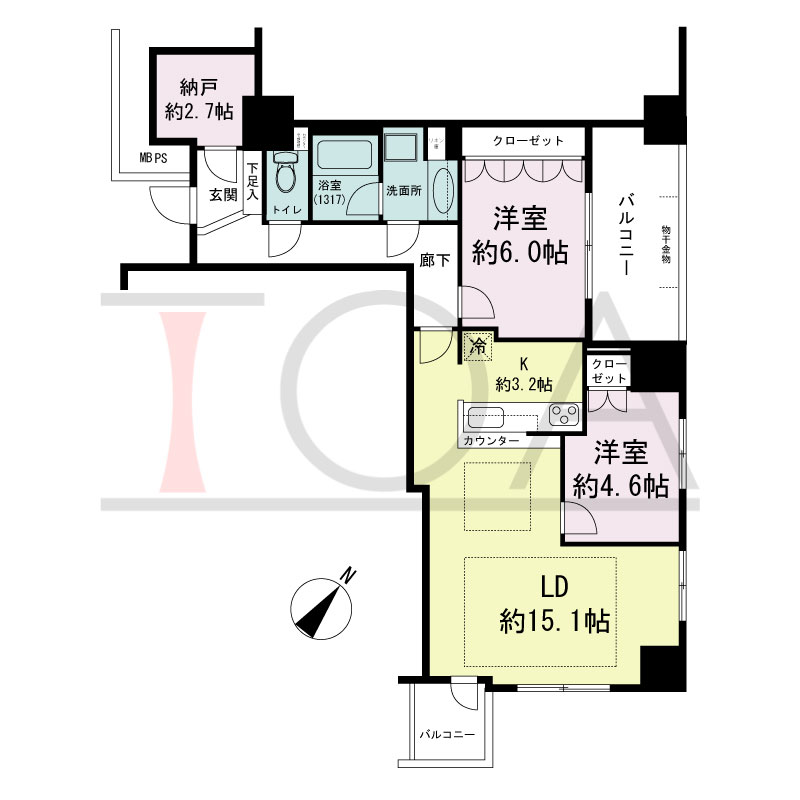 パークタワー大阪中之島フロントの間取り図 南東向き角 2LDK+N 専有面積72.67m2
バルコニー面積10.96m2