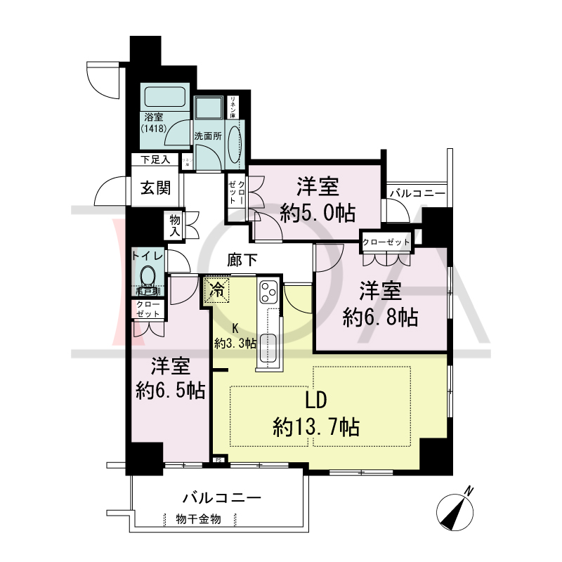パークタワー大阪中之島フロントの間取り図 南東向き角 3LDK 専有面積80.50m2
バルコニー面積10.87m2