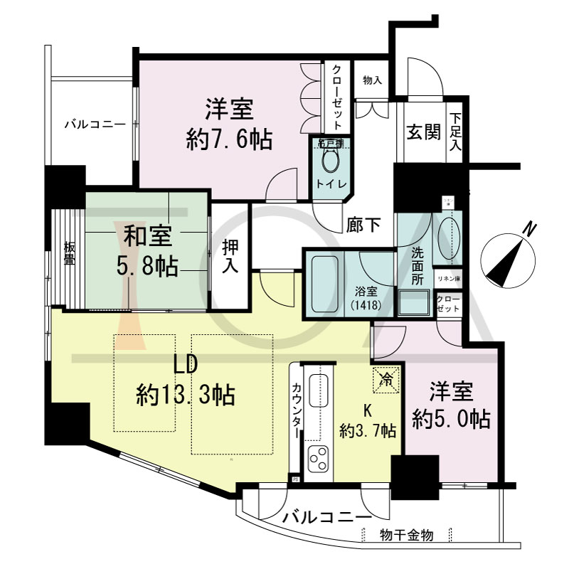 パークタワー大阪中之島フロントの間取り図 南西向き角 3LDK 専有面積80.00m2
バルコニー面積11.31m2
