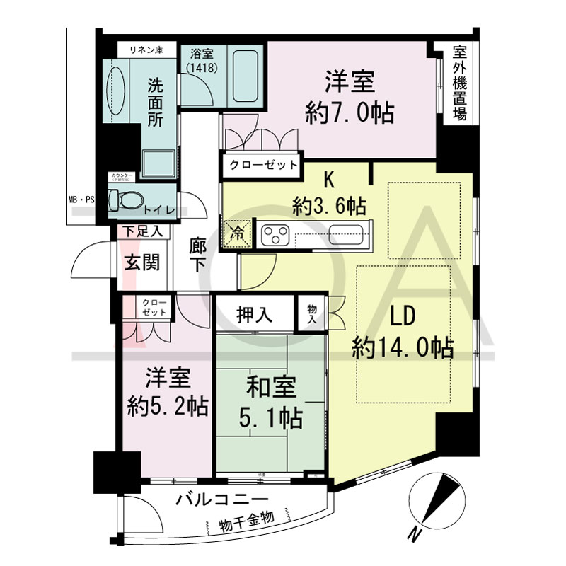 パークタワー大阪中之島フロントの間取り図 北西向き角 3LDK 専有面積79.06m2
バルコニー面積5.68m2