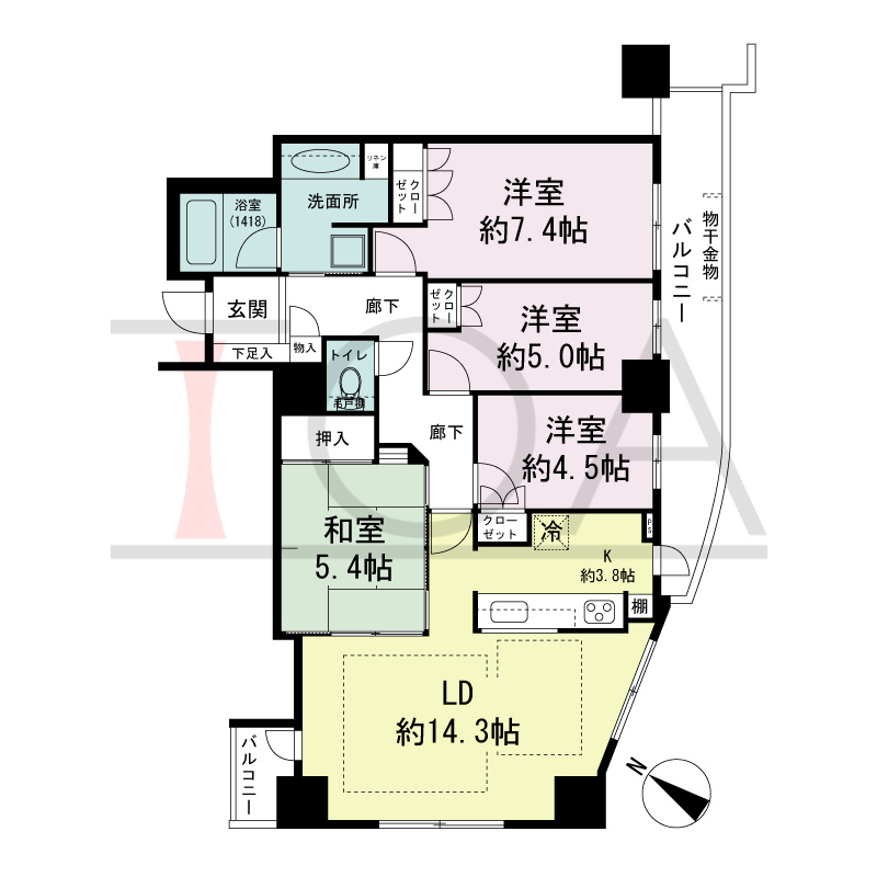 パークタワー大阪中之島フロントの間取り図 南西向き角 4LDK 専有面積90.23m2
バルコニー面積13.88m2