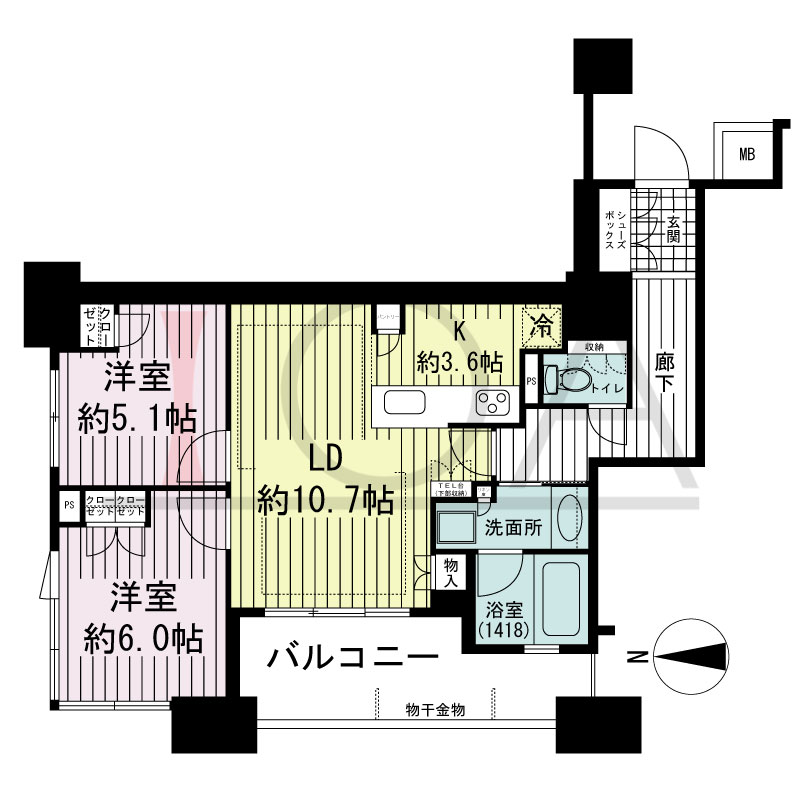 ブランズタワー南堀江の間取り図 西向き 2LDK 専有面積63.04m2
バルコニー面積9.66m2