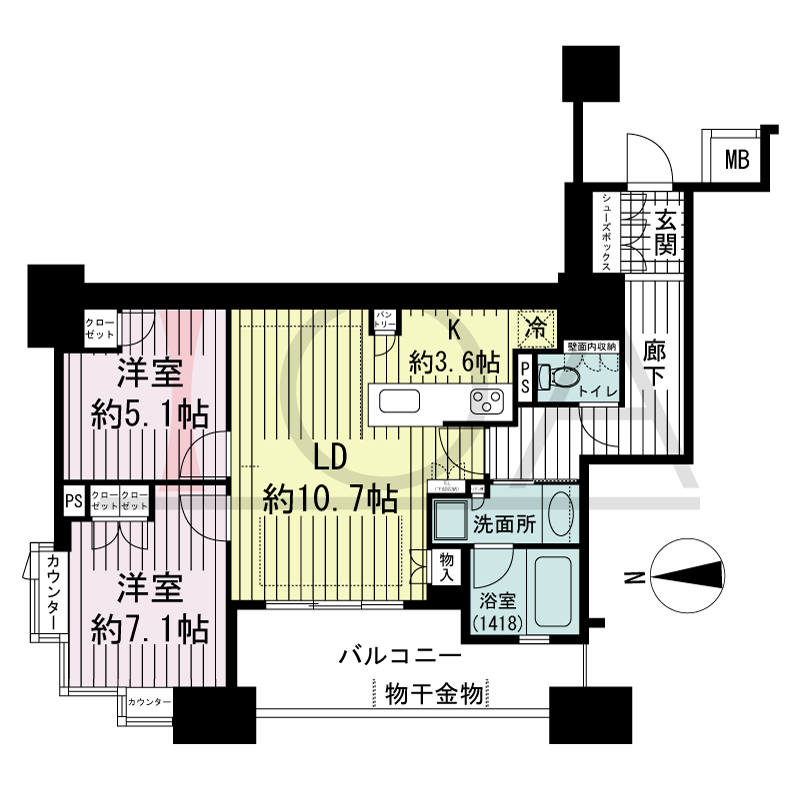 ブランズタワー南堀江の間取り図 西向き 2LDK 専有面積64.75m2
バルコニー面積9.66m2