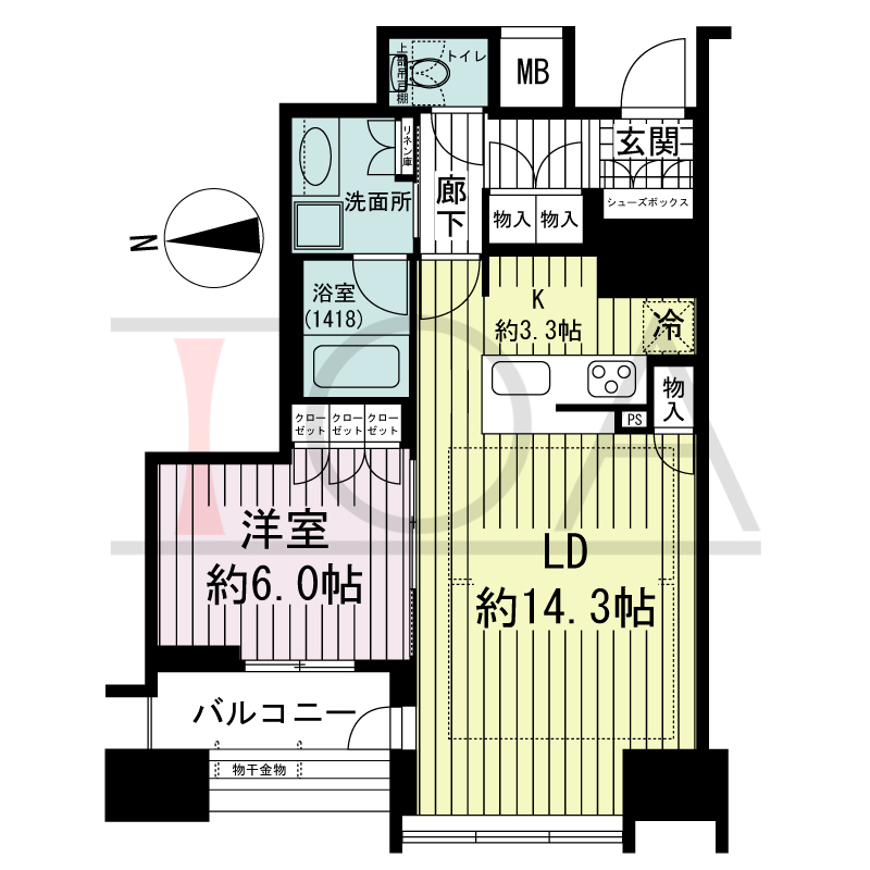 ブランズタワー南堀江の間取り図 西向き 1LDK 専有面積56.48m2
バルコニー面積5.09m2