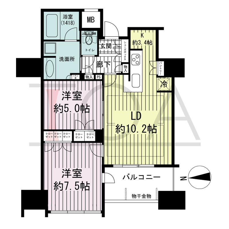 ブランズタワー南堀江の間取り図 西向き 2LDK 専有面積58.73m2
バルコニー面積6.40m2