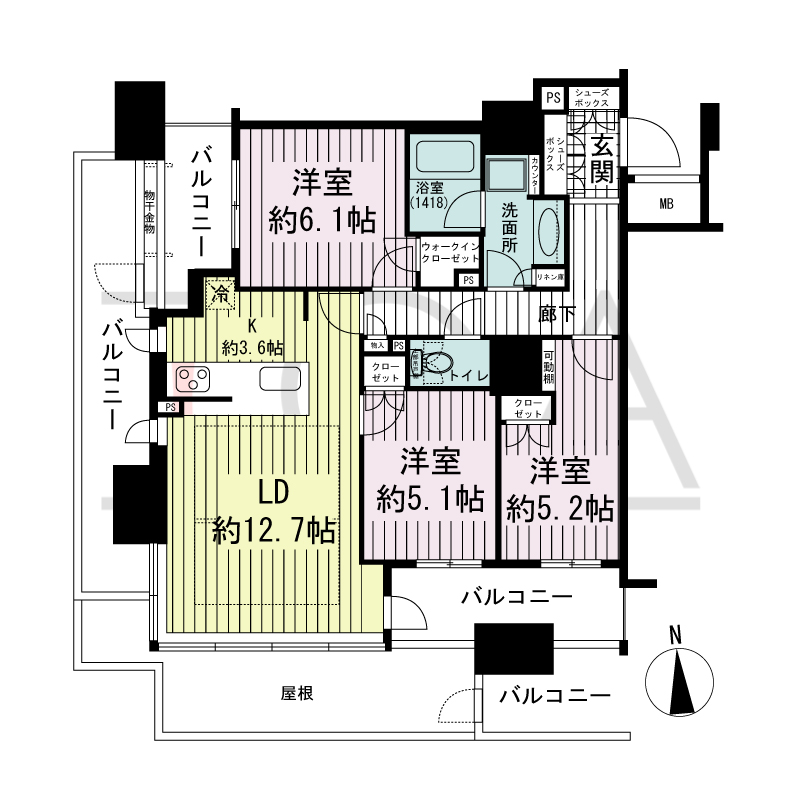 ブランズタワー南堀江の間取り図 南向き 3LDK 専有面積76.15m2
バルコニー面積12.36m2