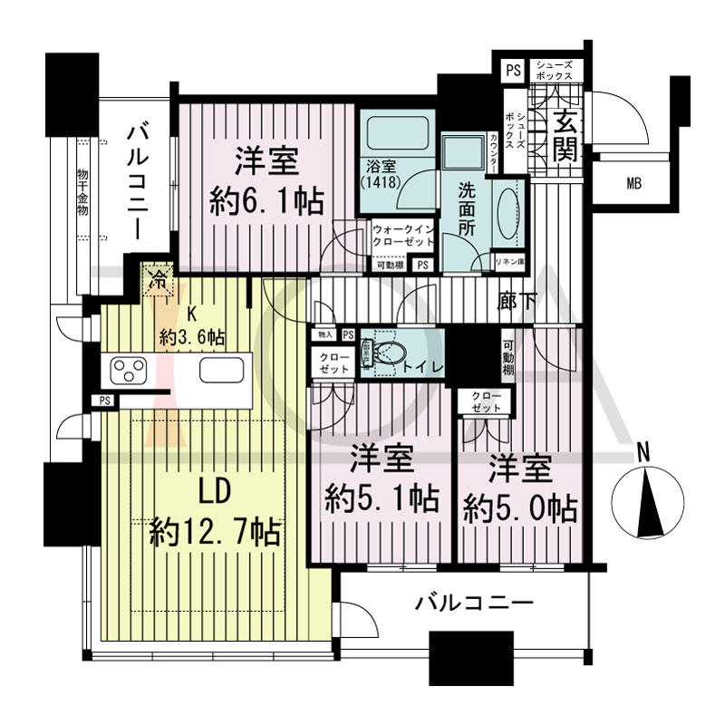 ブランズタワー南堀江の間取り図 南向き 3LDK+WIC 専有面積75.70m2
バルコニー面積12.25m2