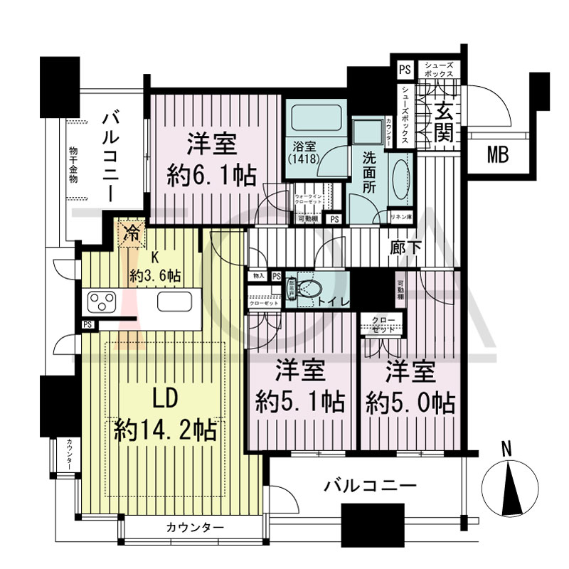 ブランズタワー南堀江の間取り図 南向き 3LDK+WIC 専有面積78.11m2
バルコニー面積12.25m2