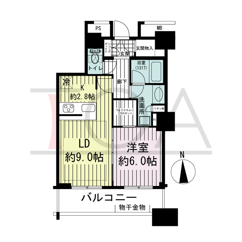 ブランズタワー南堀江の間取り図 南向き 1LDK+WIC 専有面積46.13m2
バルコニー面積8.77m2