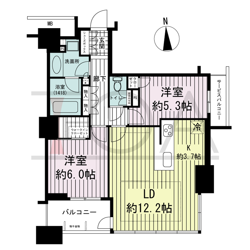 ブランズタワー南堀江の間取り図 南向き 2LDK+WIC 専有面積63.24m2
バルコニー面積5.44m2
サービスバルコニー面積2.44m2